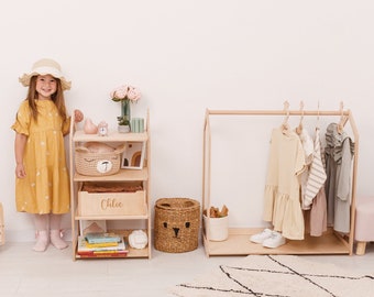 Kids' Furniture, Montessori Clothing Rack with Hangers, Personalized Toy Shelf, Dress up Storage for Girls, Nursery Shelves for Kids
