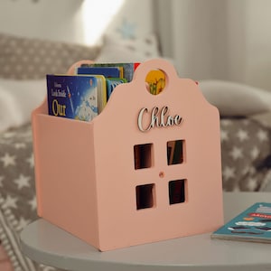 Caja de madera para libros para organizar la guardería, almacenamiento de juguetes, organizador de libros, estantería portátil para libros de bebé, estantería para niños, decoración rosa para guardería