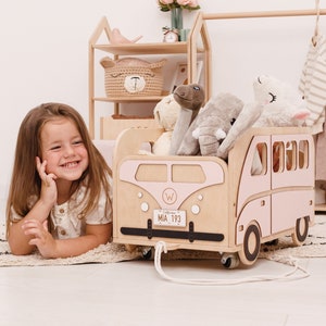 Wooden Toy Storage for Girls, Personalized Car Shaped Toy Box with wheels, Girl's Room Decor Furniture, Baby Girl Shower Birthday Gifts