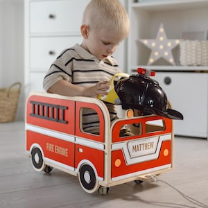Personalized Toy Holder Storage Box On Wheels, Fire Truck Theme for Playroom Decor, Nursery Storage Organization, Custom Toy Box