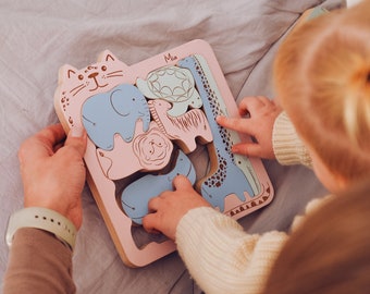 Christmas Cute Gift Idea Wooden Puzzle For Baby With Animals Brain Teaser Wood Toys Unique Toddler Gift for Holidays Personalized