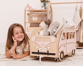 Wooden Toy Storage for Girls, Personalized Car Shaped Toy Box with wheels, Girl's Room Decor Furniture, Baby Girl Shower Birthday Gifts