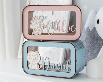 Alcancía de madera con nombre para niños, regalo para bebés, bonito regalo de cumpleaños para nietos, hucha con animales