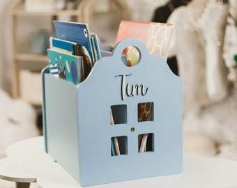 Librero portátil de madera personalizado con decoración pastel para guardería, organizador de libros para niños, estantería única para bebés, sala de juegos
