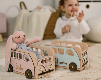 Wooden Push and Pull Car With Name, Personalized Gift for Toddler, Toy Box Car Shape, Pastel Nursery Storage, Baby Boy|Girl Pull Along Toy