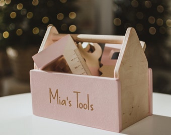Kids Tools Kit With Personalized Pink Box Baby Gift For Christmas Wooden Toy for Fine Motor Skills Unique Toddler Gift Holidays
