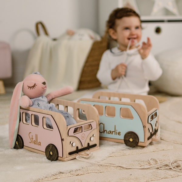 Schiebeauto aus Holz mit Namen, personalisiertes Geschenk für Kleinkinder, Spielzeugkiste, Spielzeugkiste, Kinderzimmeraufbewahrung, Jungen|Mädchen Nachziehspielzeug