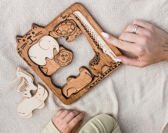 Cute Wooden Name Puzzle with Animals, Sensory Activity Wooden Toddler Toys, Gift for Kids, Baby Christmas Gift, Birthday Gifts