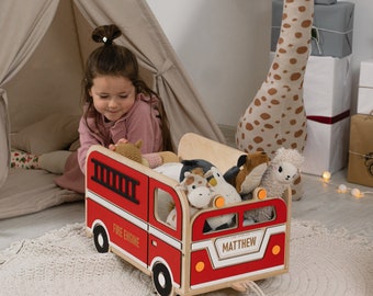 Caja de juguetes de madera con nombre para niños, almacenamiento personalizado de juguetes para camiones de bomberos con ruedas, muebles de guardería, regalo de cumpleaños para niñas de 1 año