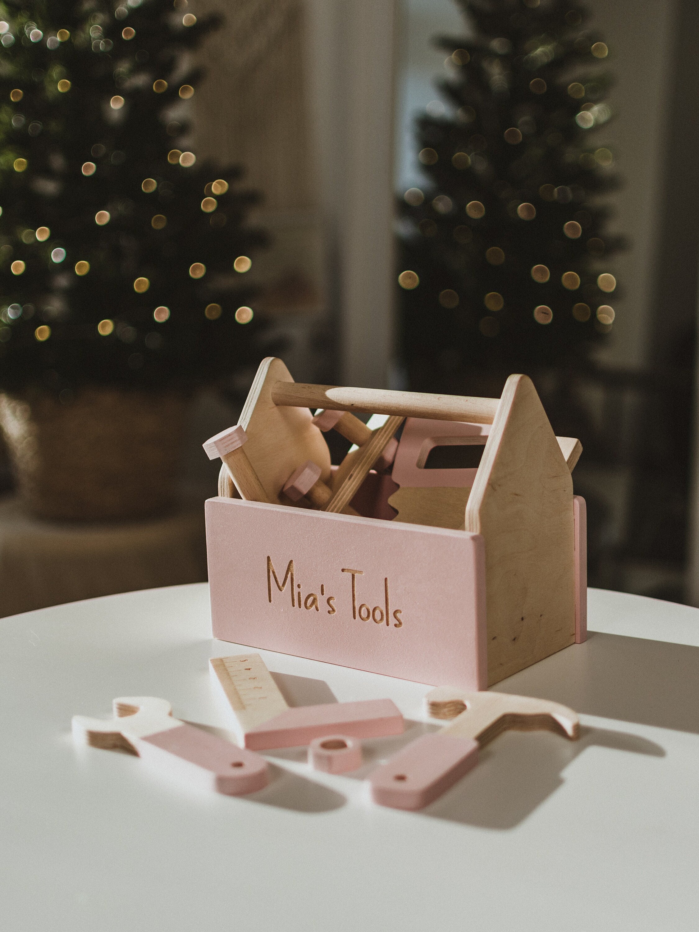 Wooden Kids Tools Kit With Personalized Box Developmental Toy for Toddler Fine Motor Skills Cute Gift For Granddaughter Baby Girl Present