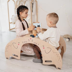 Kids Study Desk and Seesaw, Toddler Table Chair Set, Wooden Rocking Chair Nursery Furniture, Preschool Learning Table Personalized with Name