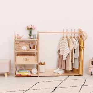 Wooden Clothing Rack with Shelf and Custom Hangers, Wardrobe For Kids, Clothes Storage for Girls Nursery, Playroom Furniture