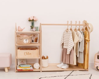 Montessori Wooden Clothing Rack with Shelf and Custom Hangers, Wardrobe For Kids, Clothes Storage for Girls Nursery, Playroom Furniture