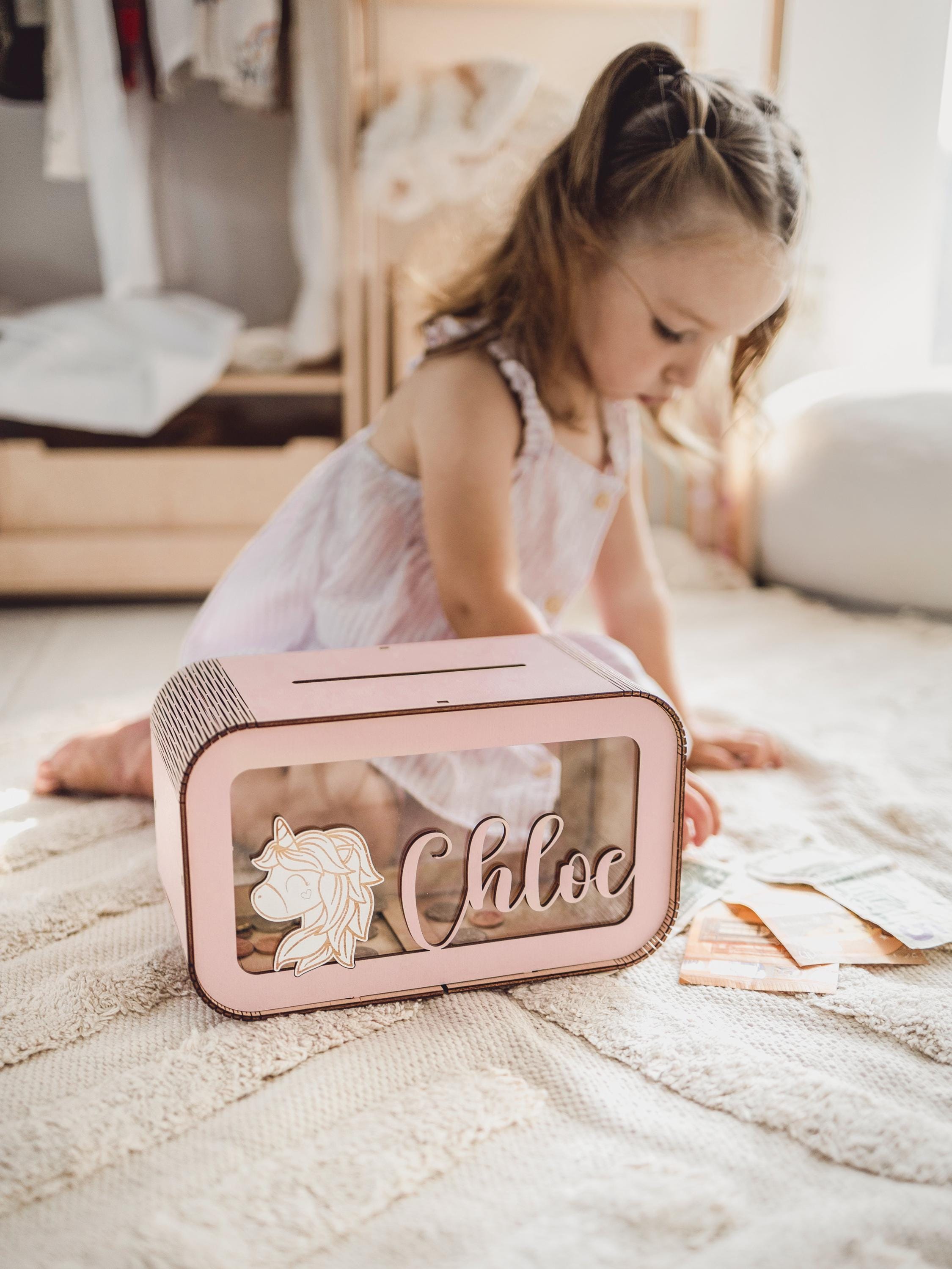 Cofrinho personalizado para meninas, cofrinho infantil com nome, presente para bebês, caixa fofa para economizar, cofrinho de madeira para crianças