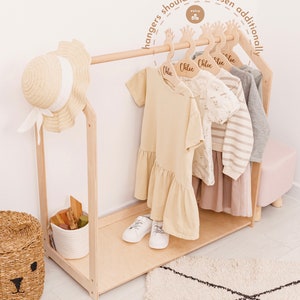 Montessori Wooden Clothing Rack with Shelf and Custom Hangers, Wardrobe For Kids, Clothes Storage for Girls Nursery, Playroom Furniture Only Clothing Rack