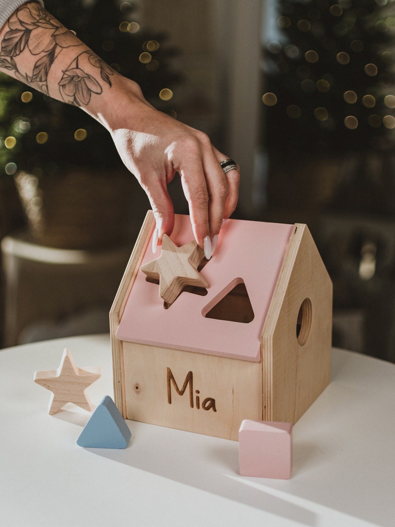 Baby Shower Gift Shape Sorter Personalized Educational Toddler Toy Wooden Sorting Toy With Geometric Shapes Developmental Toy Pink