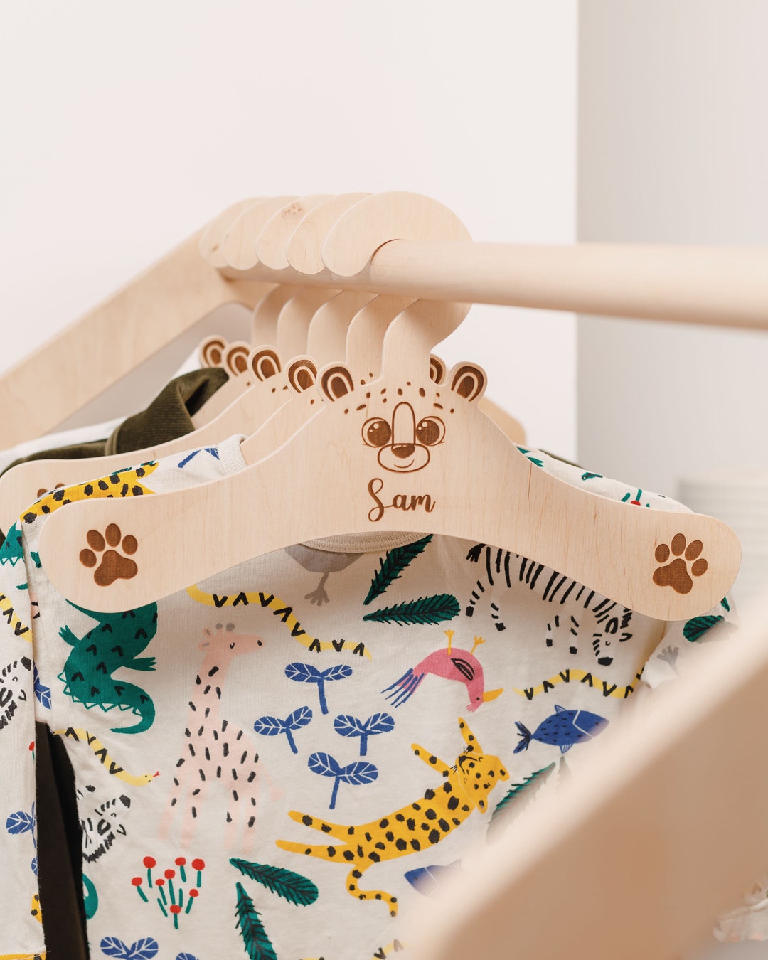 Wooden Hanger for Toddlers, Kids Clothing Hanger With Animals, Montessori Wardrobe, Child Coat
