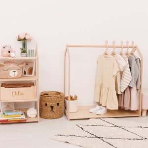 Montessori Wooden Clothing Rack with Shelf and Custom Hangers, Wardrobe For Kids, Clothes Storage for Girls Nursery, Playroom Furniture image 9