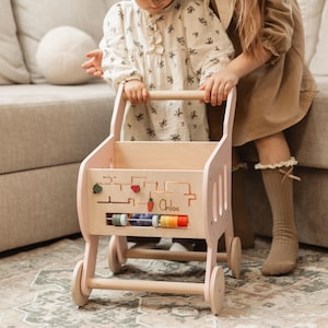 Personalized Shopping Cart Wooden Toy, Toddler Learning Walker, Pusher Toy with Busy Board, Supermarket Pretend Play