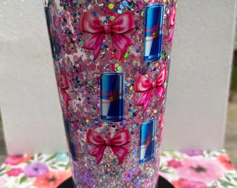 Pink Bows and Red Bull Energy Drink Inspired Glitter Snow Globe Tumbler