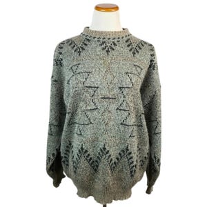 Suéter azteca gris y negro con código de uniforme vintage XL