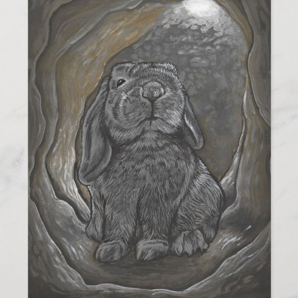 El ermitaño: conejo lop marrón en madriguera, impresión de arte de cartas del tarot