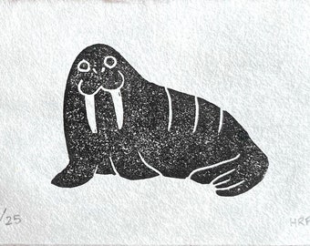 Walrus Mini Linocut - marine animal lino print, original mammal art, cute ocean gift