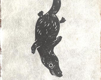 Duck-Billed Platypus Mini Linocut - tiny lino print, original animal art, australia wildlife, semiaquatic mammal