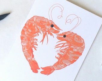 Tarjeta de camarones - linda ilustración de gambas, arte náutico, día de San Valentín, pez enamorado