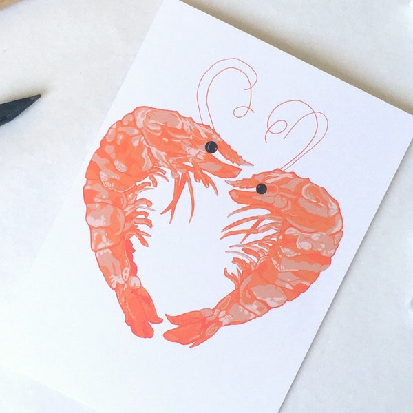 Shrimp Card - cute prawn illustration, nautical art, valentines day, fish in love