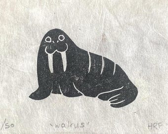 Walrus Mini Linocut - marine animal lino print, original mammal art, cute ocean gift