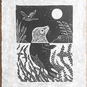 Seal and Full Moon Lino Print - original linocut art, wildlife relief print, animal illustration