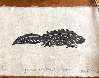 Great Crested Newt Mini Linocut - warty newt lino print, aquatic animal art, woodland creature decor, tiny print