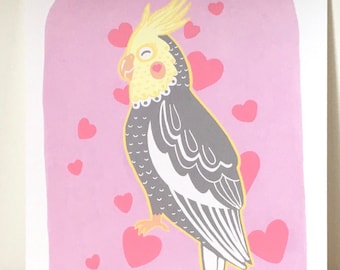 Cockatiel Art Print - cute birb gift, pastel pink bird art