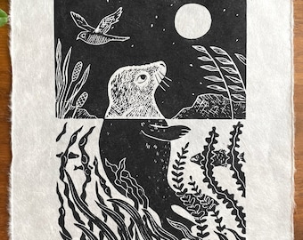 Seal and Full Moon Lino Print - original linocut art, wildlife relief print, animal illustration