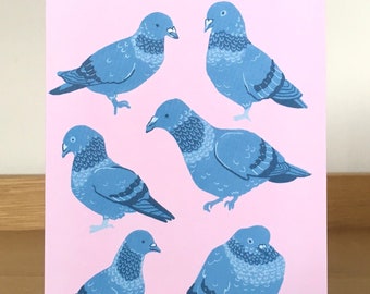 Pigeon Card - cute bird birthday card, pastel pink birb stationery, kawaii notecard