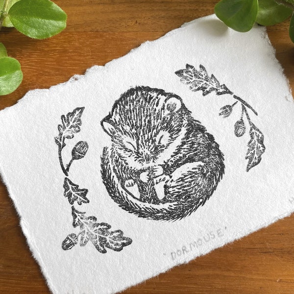 Dormouse and Acorns Lino Print - mini linocut art, original relief print, cute mouse illustration