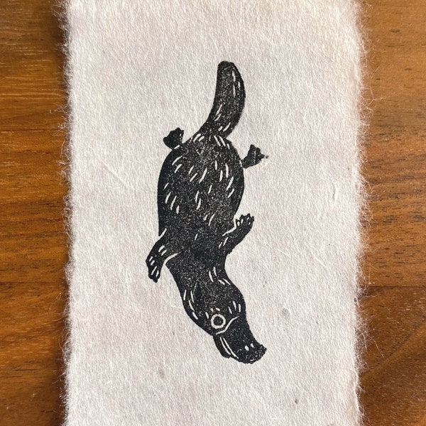 Duck-Billed Platypus Mini Linocut - tiny lino print, original animal art, australia wildlife, semiaquatic mammal