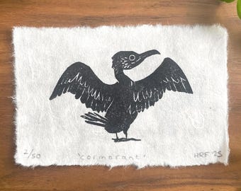 Cormorant Mini Linocut - sea bird lino print, original nautical art, cute waterbird gift
