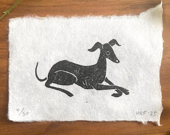 Whippet Mini Linocut - greyhound lino print, original dog art, cute puppy gift