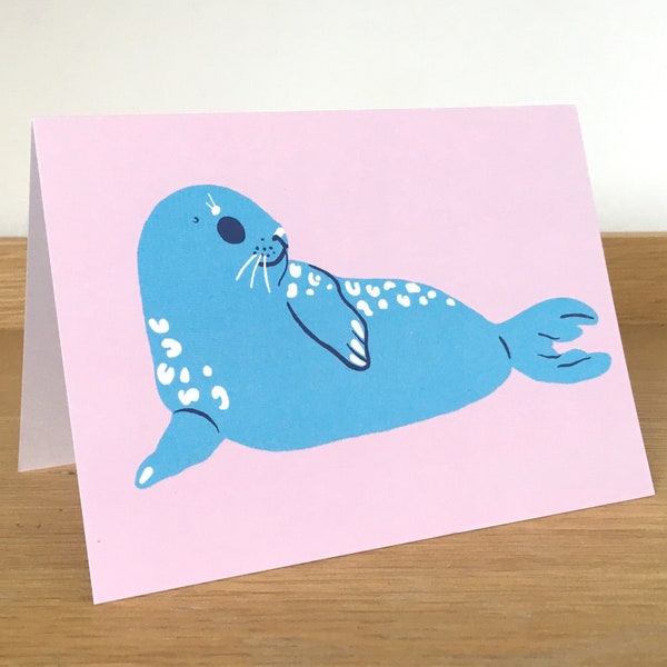 Seal Card - cute blue seal art, marine mammal greeting card