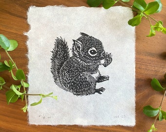 Squirrel with Strawberry Linocut - original animal lino print, cute baby rodent art, relief print