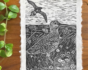 Curlew Lino Print - arte linograbado original, impresión en relieve de vida silvestre, ilustración de aves zancudas