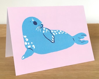 Seal Card - cute blue seal art, marine mammal greeting card