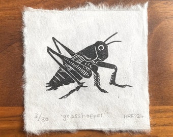Grasshopper Mini Linocut - garden bug lino print, original insect art, cute wildlife gift