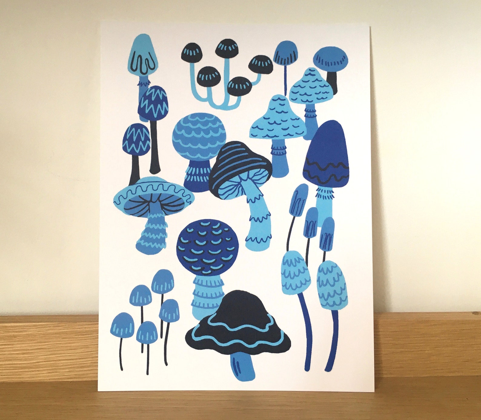 MUSHROOMS PRINT blue mushroom folk art whimsical woodland Etsy