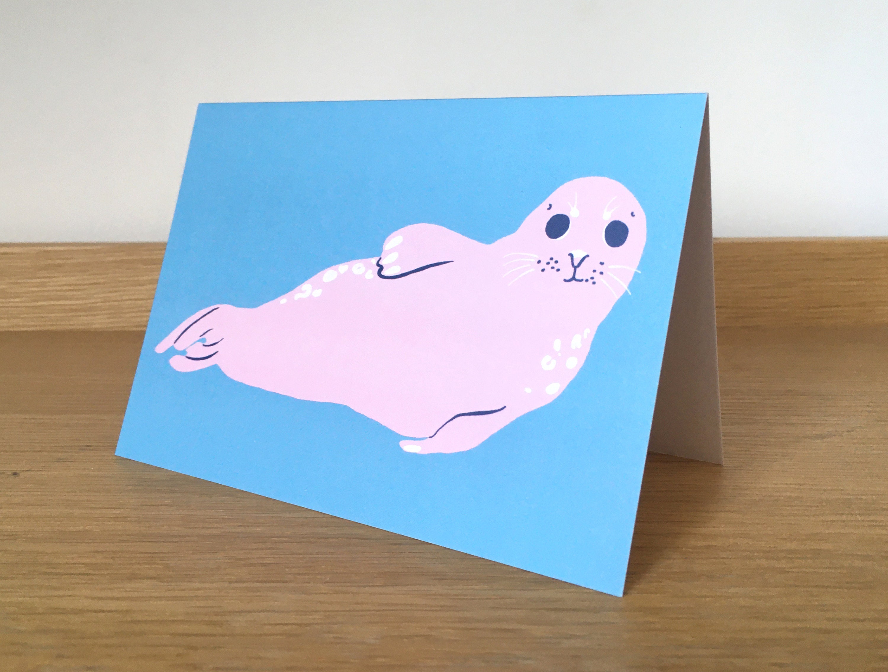 Pink Seal Card cute pastel pink seal birthday card on blue Etsy