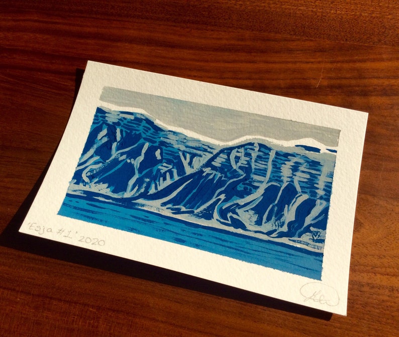 Iceland art ESJAN MOUNTAIN travel illustration blue mountains mountain range Scandinavia scene original painting
