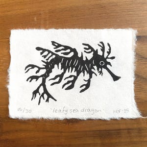 Pode incluir: Impress&atilde;o a preto e branco de um drag&atilde;o-marinho frondoso em papel branco. A impress&atilde;o &eacute; numerada 15/30 e assinada "leafy sea dragon" e "HFF-25".