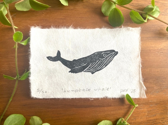 Humpback Whale Mini Linocut - sea creature lino print, original animal art, marine life decor, tiny print